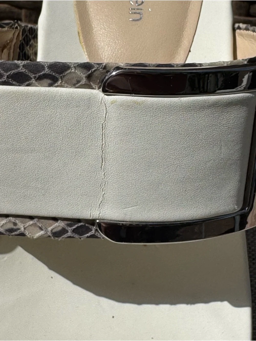 Calvin Klein Glam White Leather Wedge Sandals Silver Buckle Snake Slides Sz 10